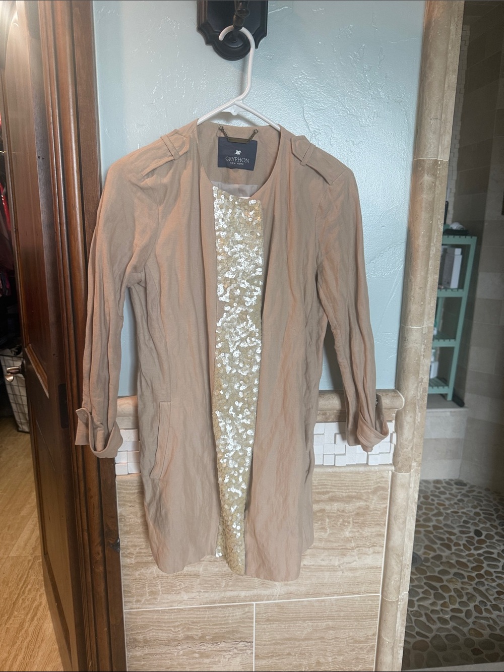 Gryphon Beige Open-Front Jacket with Gold Sequin Panel